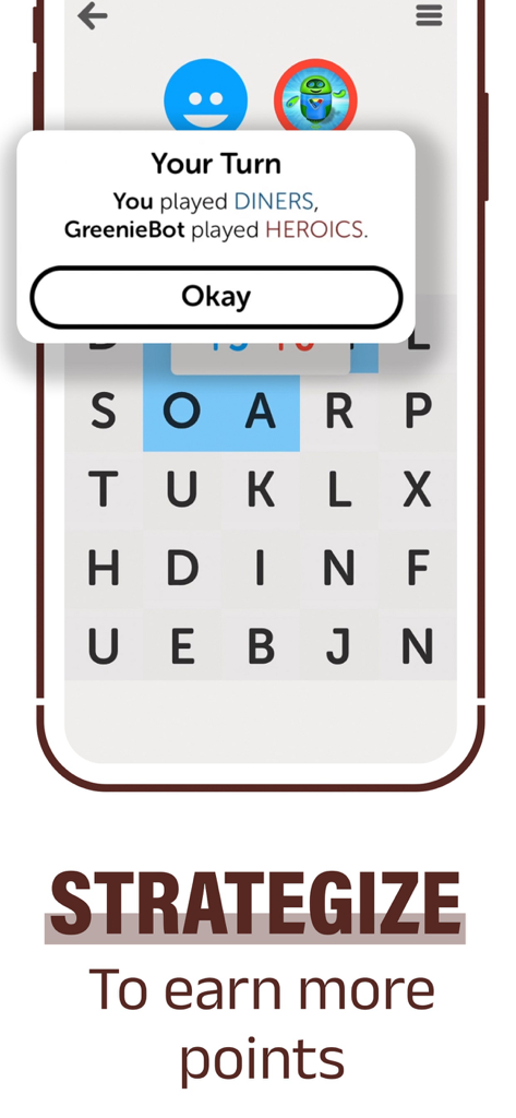 Letterpress – Word Game - A screenshot of the Letterpress word game interface showing a game move and the text strategize to earn more points