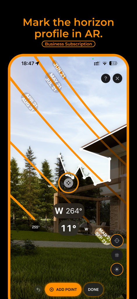 Interface de realidade aumentada mostrando análise de trajetória solar e marcação de perfil de horizonte para planejamento de energia solar.