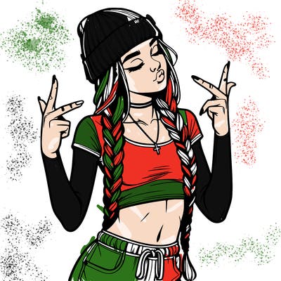 realistic teenage girl with braids and a beanie and crop top doing 🫶🏼