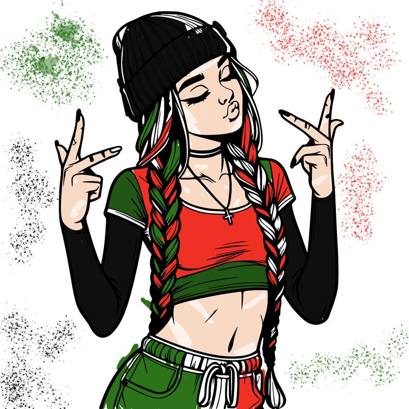 realistic teenage girl with braids and a beanie and crop top doing 🫶🏼