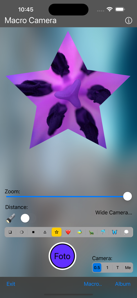 Macro-Camera - La aplicación Macro Camera muestra una foto macro de una flor morada en forma de estrella