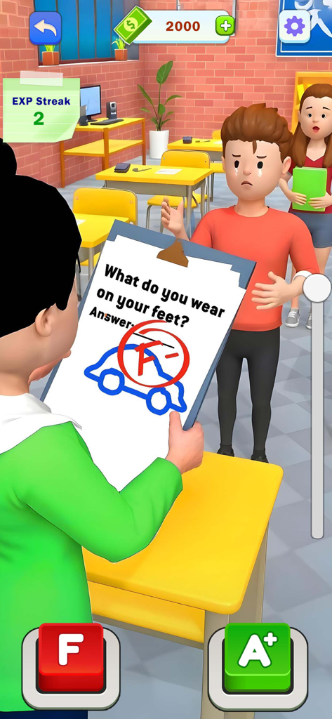 Teacher or Student - Un personaje profesor calificando un examen escolar con una F en un juego simulador para móviles.