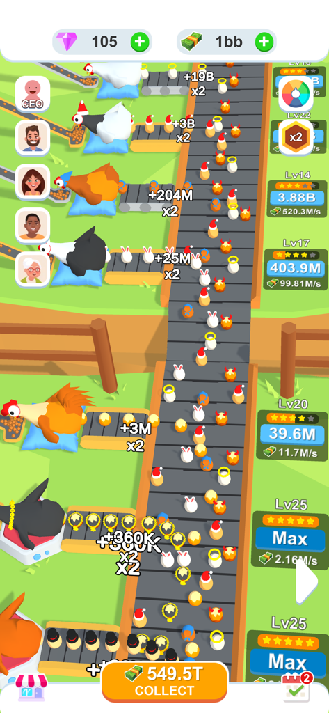 Idle Egg Factory 3D - A 3D factory production line with chickens laying decorated eggs on conveyor belts with active upgrades