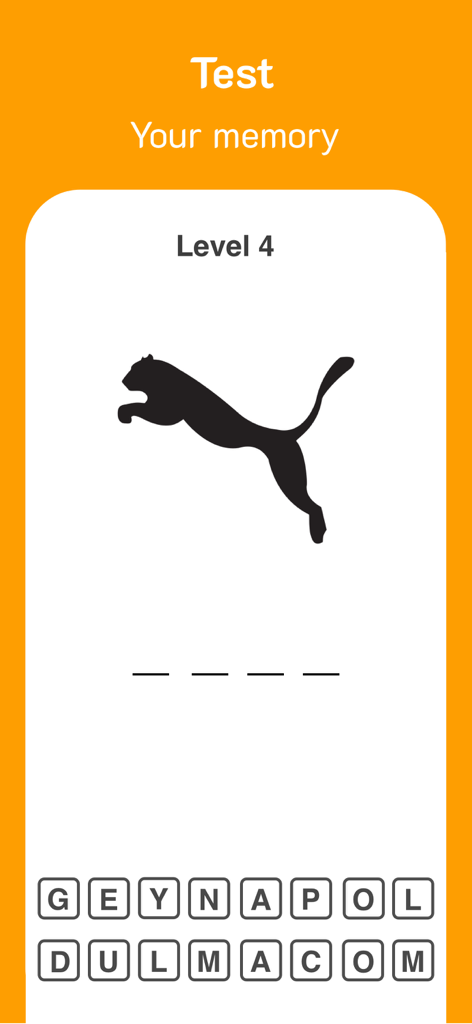 Logo Quiz: Guess Brands - Captura de pantalla del Nivel 4 del juego Logo Quiz con la silueta del logo de la marca Puma y fichas de letras.