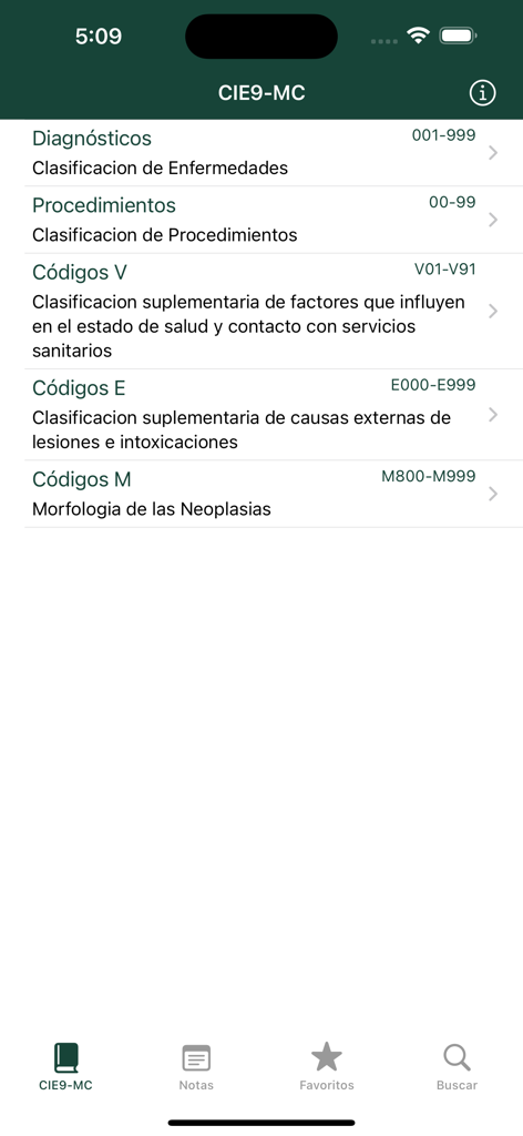 Main menu of the CIE9-MC medical app displaying classification categories like diagnostics and procedures in Spanish