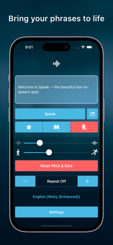 Speak • Speech Synthesizer - Speak音声合成アプリのメインインターフェース。テキスト入力と音声調整スライダーが表示されています。