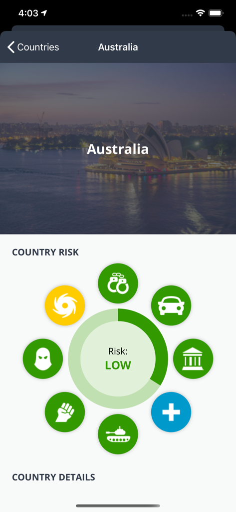 Solace Secure - Solace Secure app interface showing a low country risk rating for Australia with various risk category icons