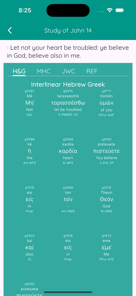 ionBible: Read, Study & Listen - IonBible app showing the interlinear Greek and Hebrew study tool with word definitions and parsing for John chapter 14