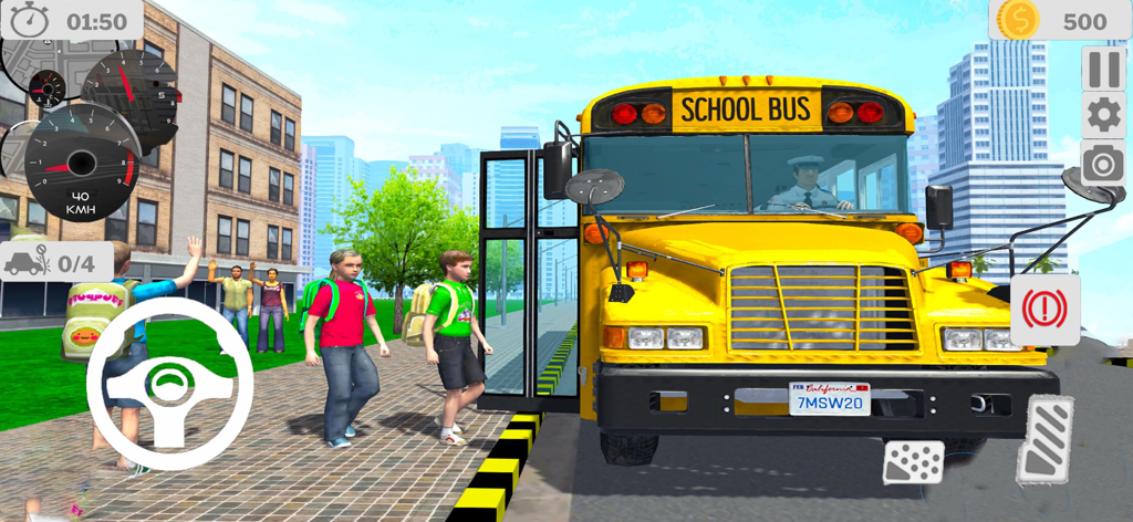 City School Bus Game 2024 - A yellow school bus picking up children in a 3D city simulation game