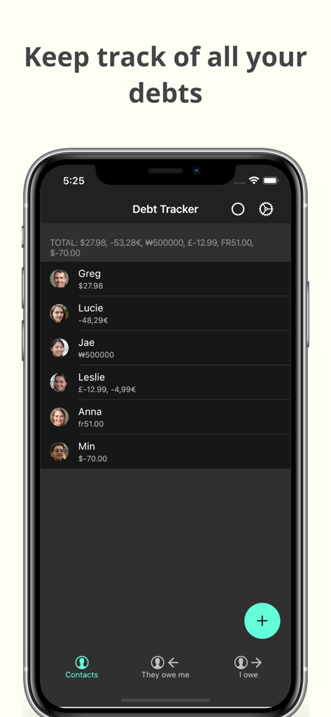 Debt Tracker - Debt payoff - Interfaccia dell'app Debt Tracker che mostra un elenco di contatti e saldi debitori