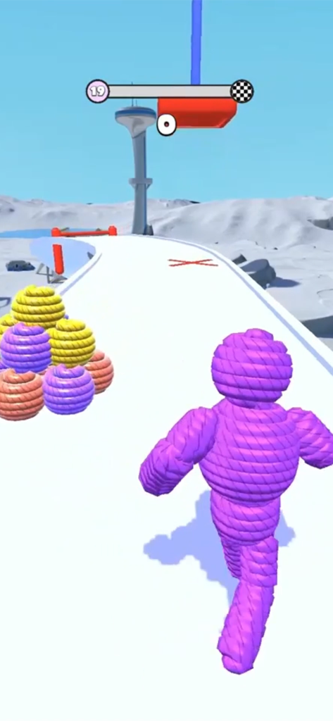 Rope Man: Monster Battle Run - Un personaje de cuerda morado corriendo en una pista blanca para recoger manojos de hilo de colores.