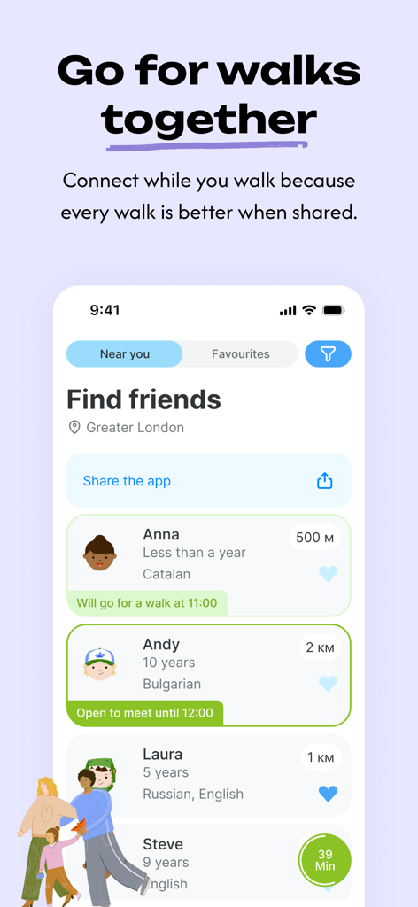 Kidbridge - Interface of the Kidbridge app showing a list of nearby parents and kids with avatars and interests to coordinate walks