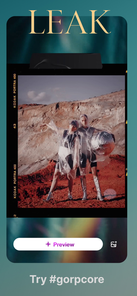 24FPS: Aesthetic Video Effects - 24FPSアプリのインターフェースに、ヴィンテージフィルムのリークフィルターを使用したゴープコア美的動画エフェクトが表示されている様子