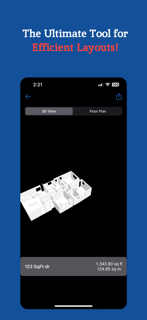 Area Calculator Floor Planner - Visualização de planta baixa 3D com medição de área no aplicativo Calculadora de Área.