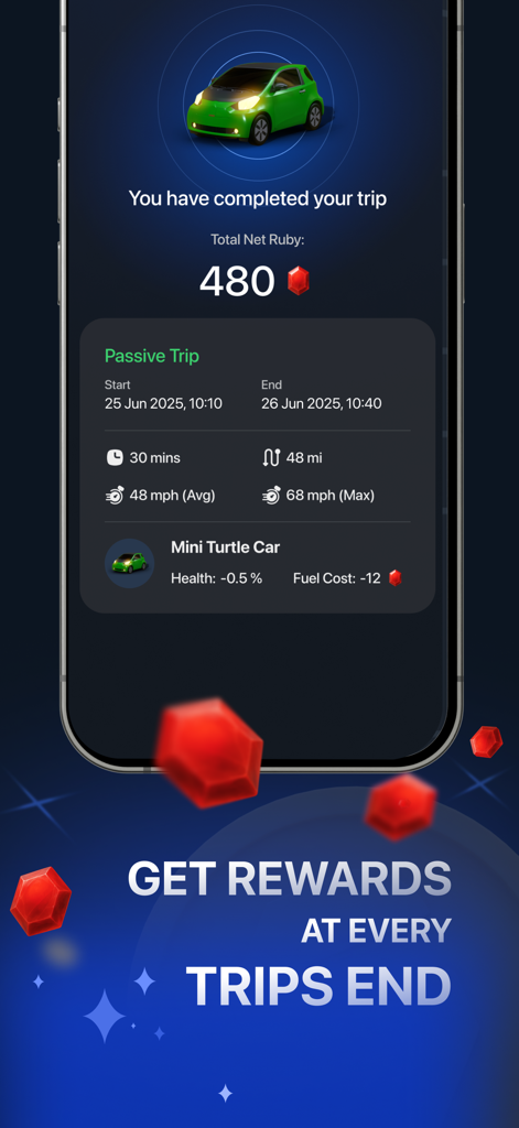 Turbo Map - Turbo Map app screen showing trip summary statistics and earned ruby rewards