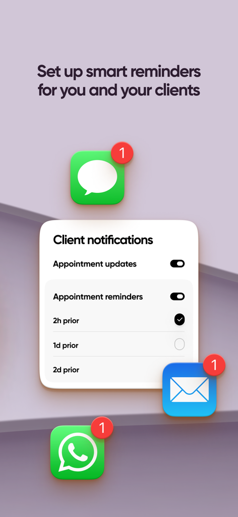Oberfläche der Glambook Pro App, die Einstellungen für intelligente Termin-Erinnerungen und Benachrichtigungen für Kunden zeigt