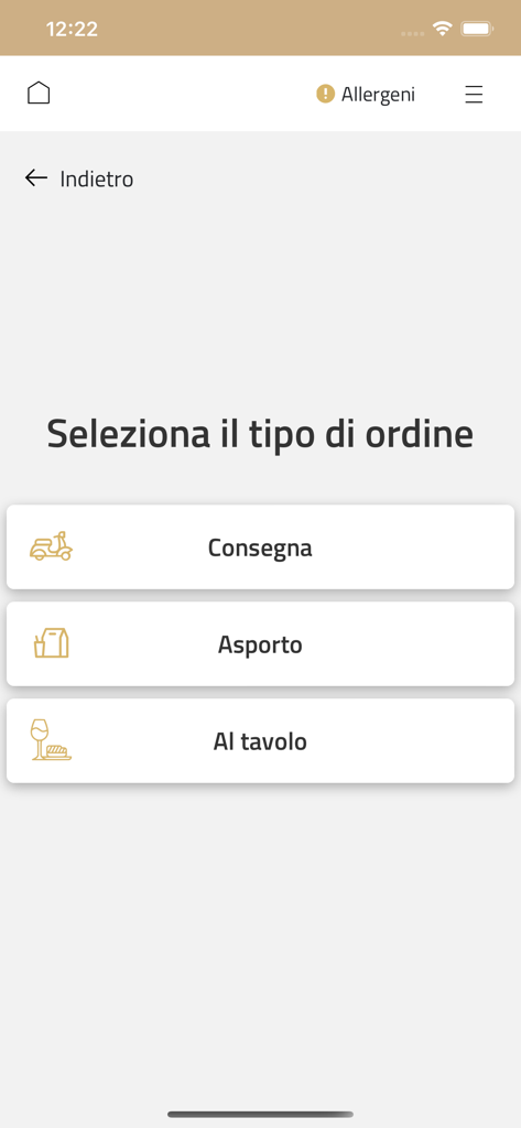 Schermata di selezione dell'ordine dell'app Found Restaurant per scegliere tra consegna, asporto o opzioni di ristorazione al tavolo.