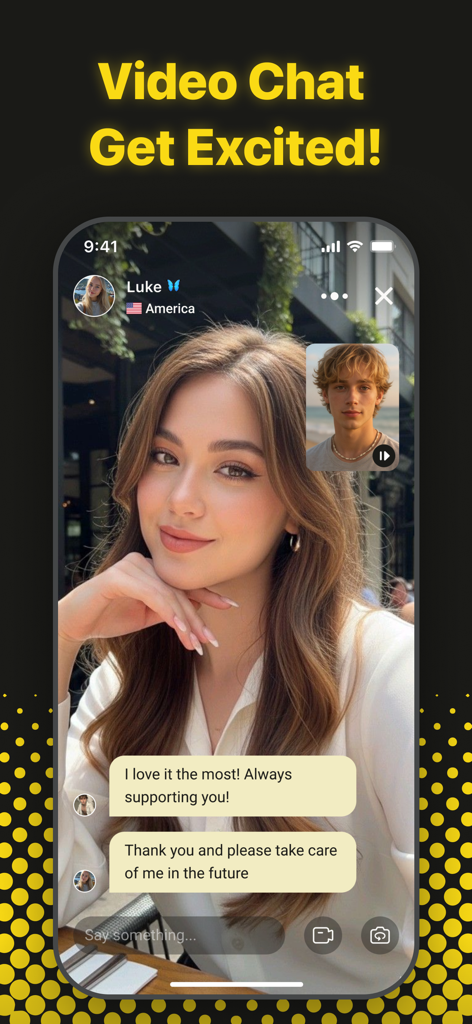 Kumi:Discover, Share, Connect - A mobile screen showing a live video chat on the Kumi app with two people and supportive chat messages