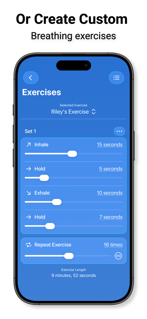 Interface pour créer des exercices de respiration personnalisés dans l'application iBreathe