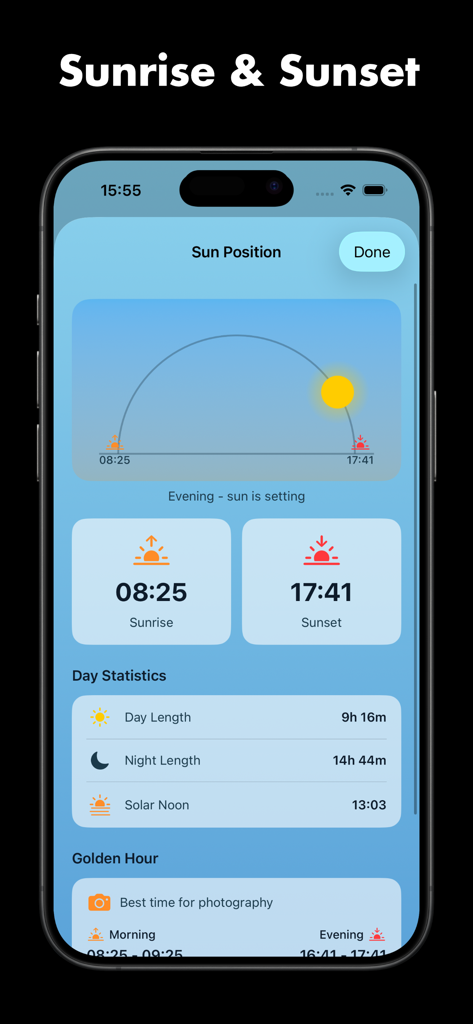WeatherMax: Daily Forecast - WeatherMax app screen showing sun position, sunrise, sunset, and golden hour times.