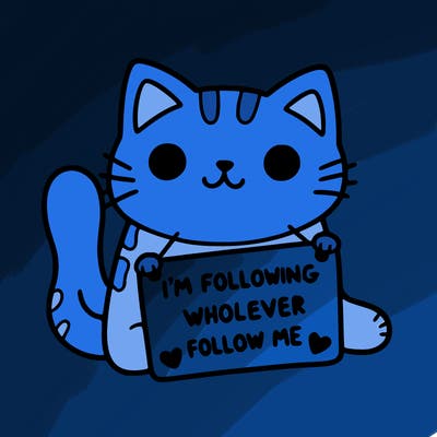 cat with a sign that says i’m following whoever follows me