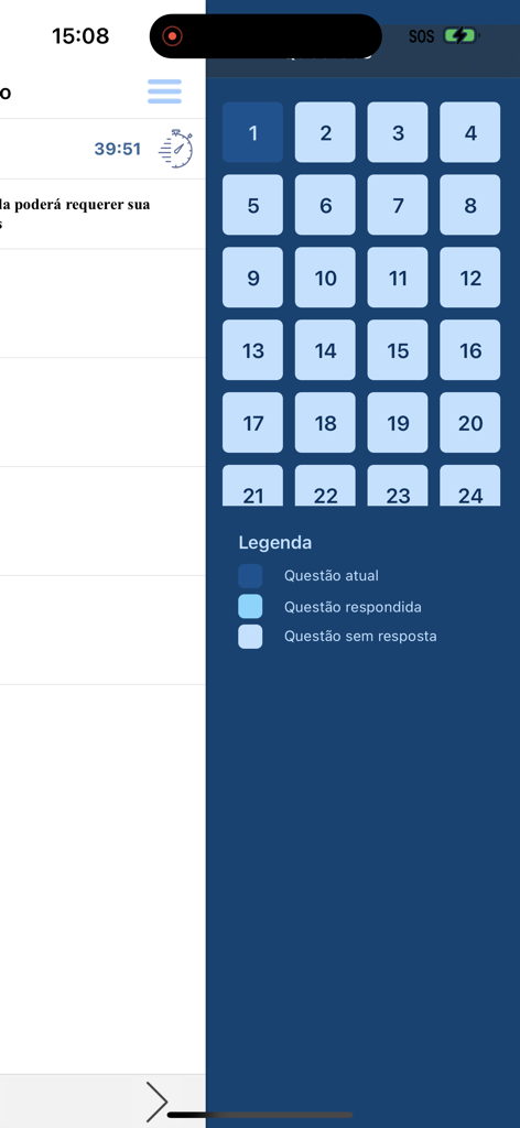 Simulado Detran.SP - A numbered grid showing the status of exam questions in the Simulado Detran SP app with a color legend.