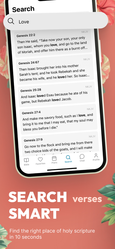 Captura de pantalla de la pantalla de búsqueda de la aplicación Women's Bible que muestra resultados de versículos para la palabra clave amor.