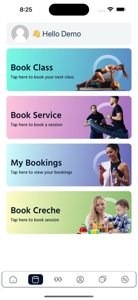 Pantalla de inicio de la aplicación MyClub Fitness con opciones de reserva en tiempo real para clases, servicios y guardería