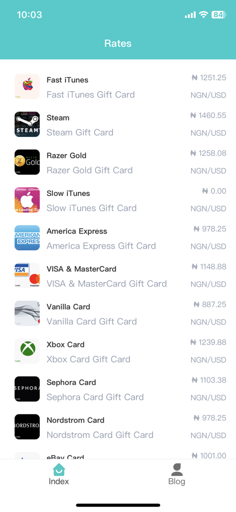 YunCard app display showing current exchange rates for various gift cards including iTunes Steam and Razer Gold in NGN per USD