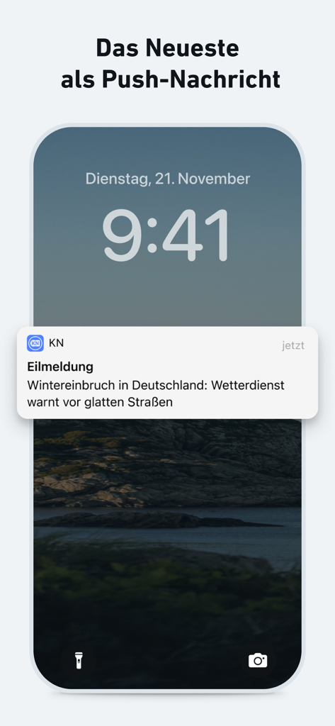 Écran de verrouillage de l'iPhone montrant une notification push d'actualité de dernière minute de l'application KN sur les conditions météorologiques hivernales en Allemagne.