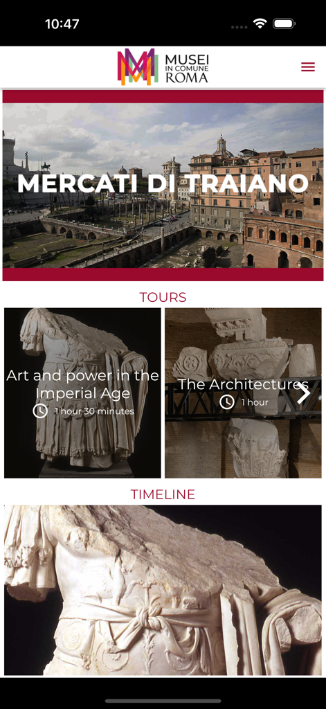 Mercati di Traiano Roma - Mercati di Traiano museum app interface showing available themed tours and archaeological site images