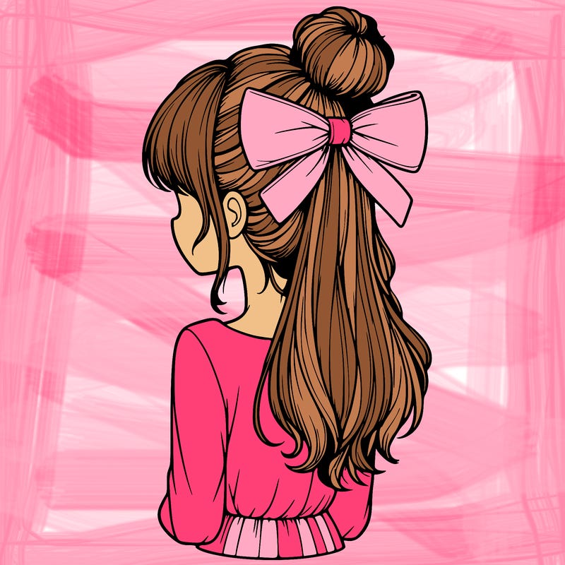 realistic girl  with hip length hair a bun and a big bow on the back of head