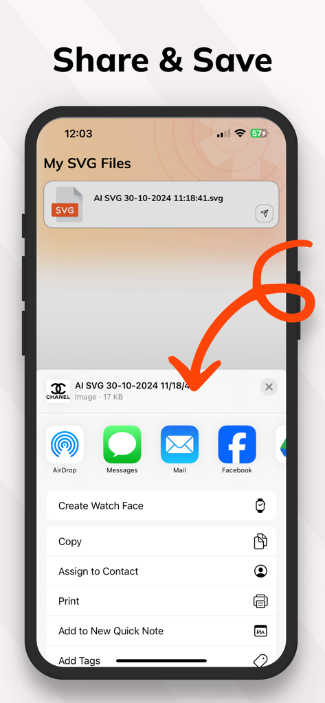 AI SVG Converter - SVG Maker - Interface of AI SVG Converter app showing how to share and save SVG files via the iOS share sheet
