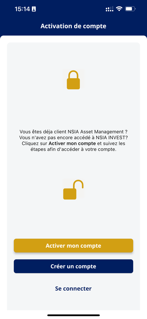 NSIA INVEST - NSIA INVEST mobile app account activation and login screen.