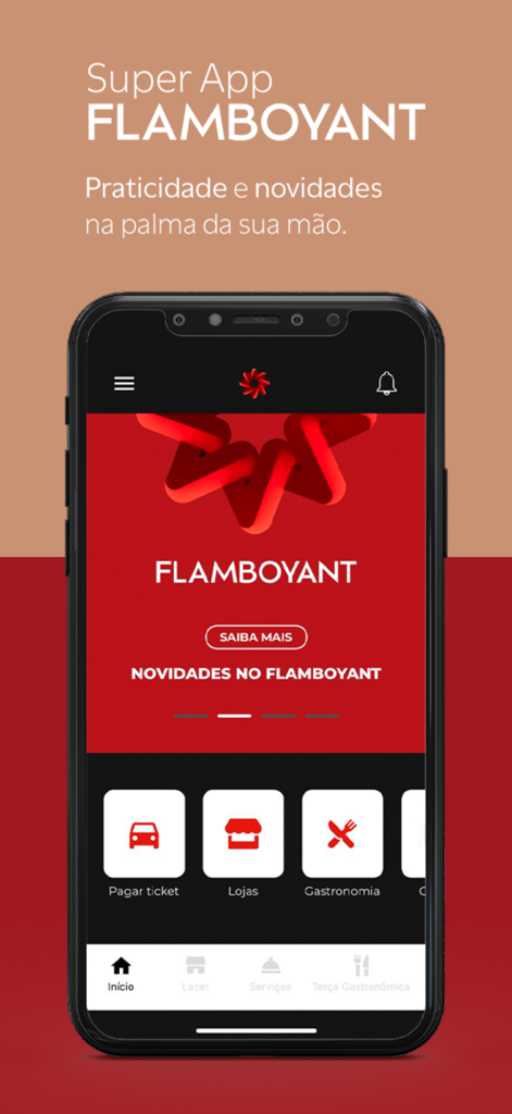 Flamboyant - Smartphone screen showing the Flamboyant app home page with features like parking payment and shopping guides