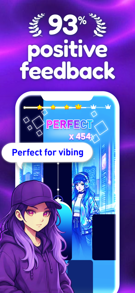 Magic Level 9: Tap Piano Game - マジックレベル9ピアノゲームのスクリーンショット。93%の肯定的なフィードバック評価と、アニメキャラクターによるリズミカルなゲームプレイが表示されています。