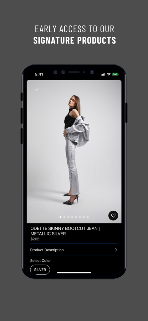 RTA BRAND - RTA Brand mobile app interface showing a model wearing the Odette skinny bootcut jeans in metallic silver with early access heading