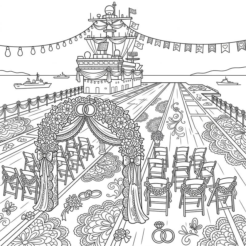 Experience a truly unique celebration with this Aircraft Carrier Wedding coloring page. Dive into a world where maritime might meets romantic bliss, ready for your creative touch.