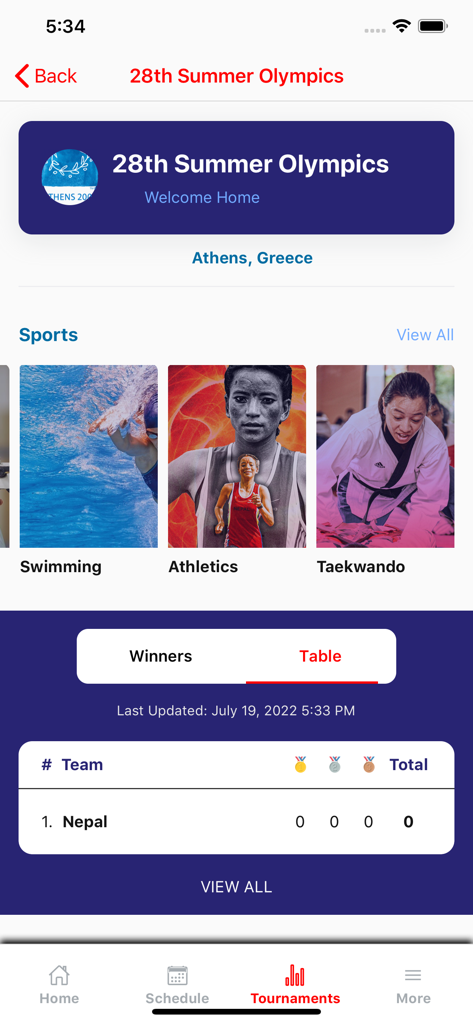 National Sports Council, Nepal - National Sports Council Nepal app showing Olympic sports categories and medal table for Team Nepal
