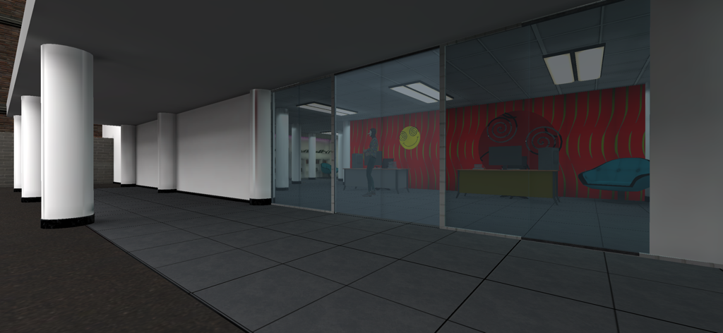Smiling-X: Horror Game - A dimly lit office hallway looking into glass walled rooms in Smiling-X Horror Game