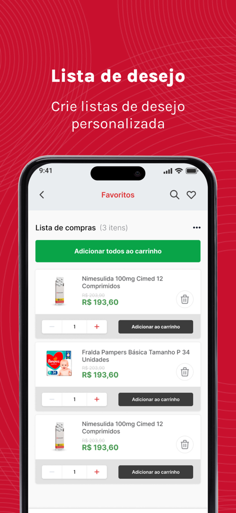 Drogalider - A smartphone screen displaying the Drogalider pharmacy app wishlist with various health and baby products