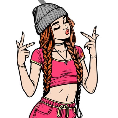realistic teenage girl with braids and a beanie and crop top doing 🫶🏼