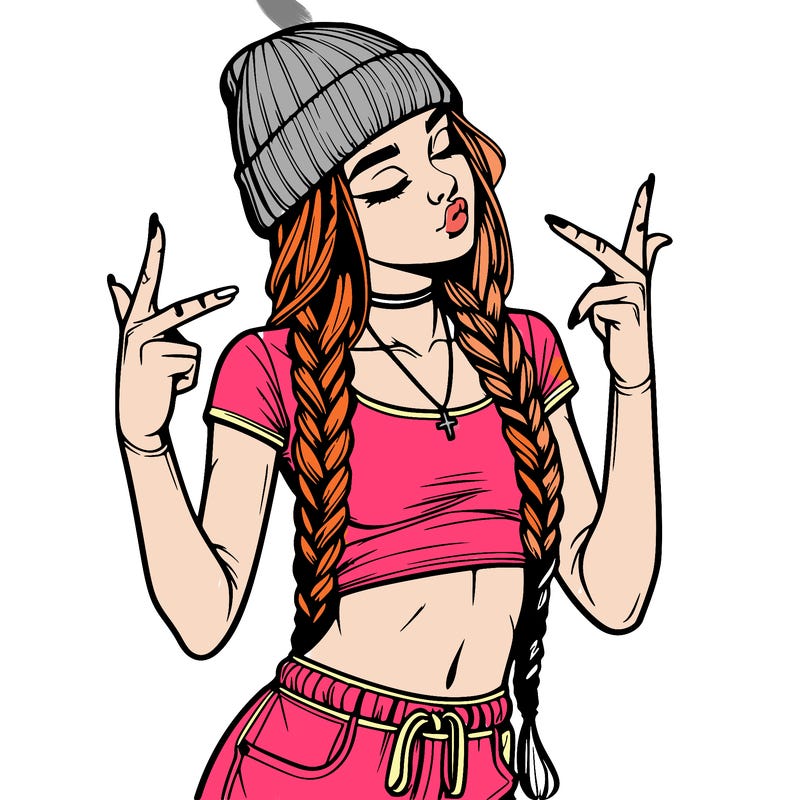 realistic teenage girl with braids and a beanie and crop top doing 🫶🏼