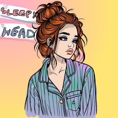 realistic woman with pajamas on and a messy bun