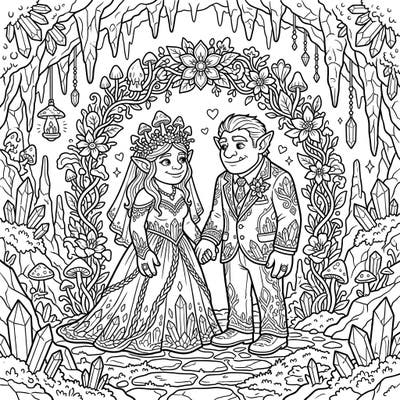 Step into an enchanting underground world to witness a unique cave troll wedding. This delightful coloring page captures the joy and intricate details of a fantasy nuptial celebration deep within the earth.