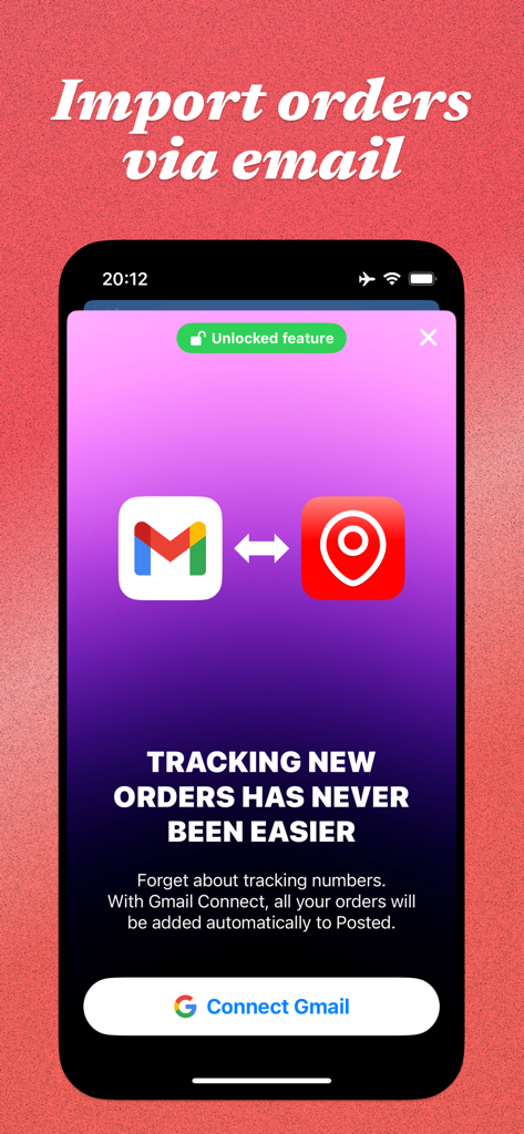 Interface of Posted app showing the Gmail Connect feature to automatically import and track package orders from email