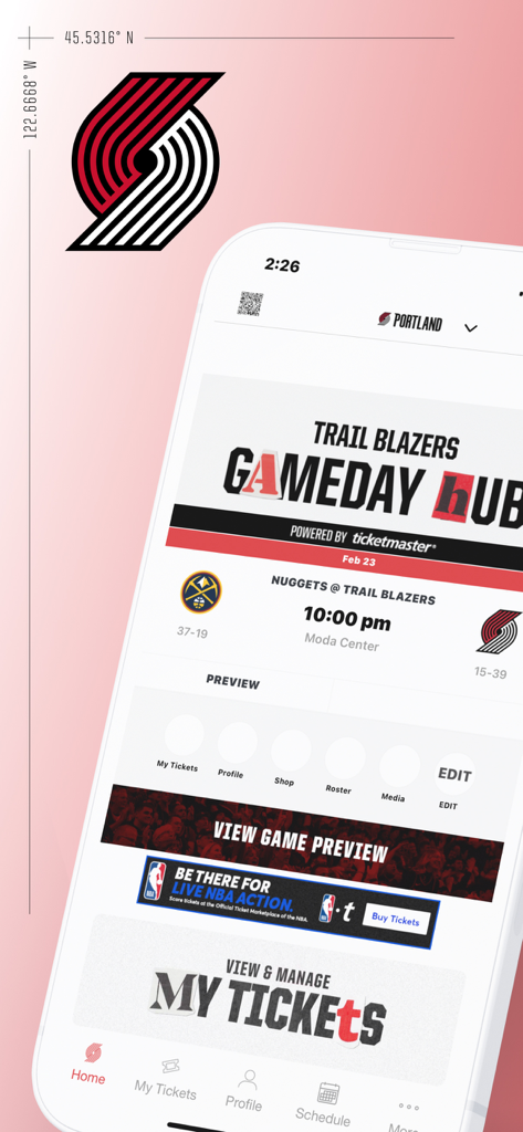 Portland Trail Blazers - Oberfläche der Portland Trail Blazers App, die den Gameday-Hub mit Ticketverwaltung und Spielplan anzeigt