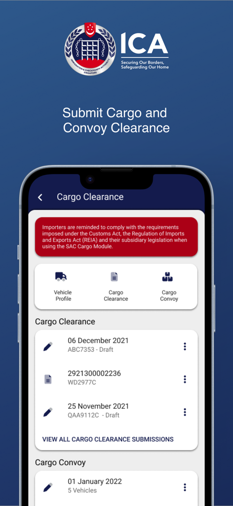 MyICA Mobile - MyICA Mobile app interface for cargo and convoy clearance submission.