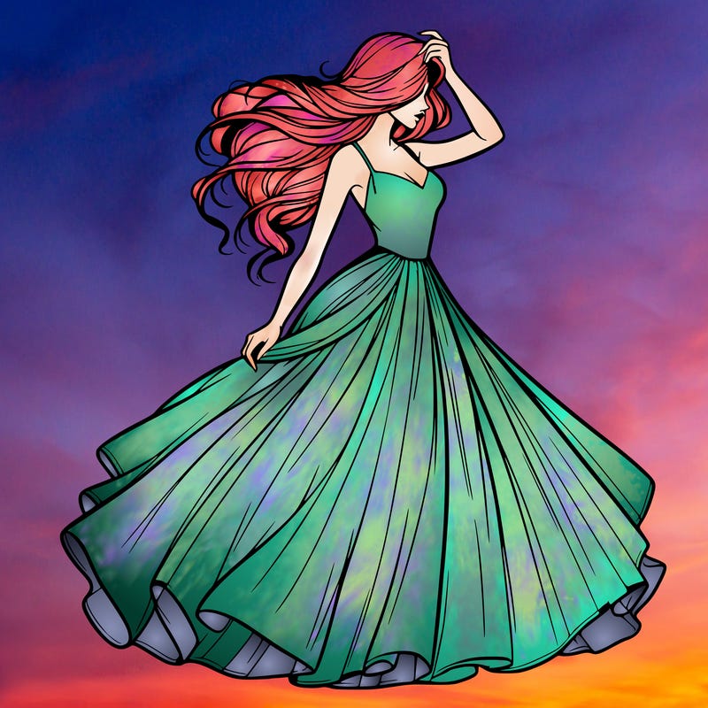 realistic woman with dress flowing in the wind