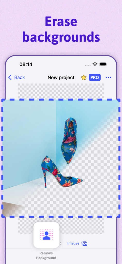 Interface of the Background Remover app erasing the background of blue floral high heels